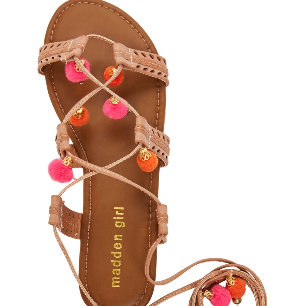 Madden Girl Pom Pom Flat Lace Up Sandal